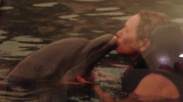 Amy's mother kissing a dolphin